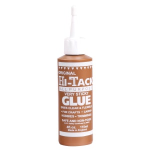 May include: A brown bottle of Hi-Tack All Purpose Very Sticky Glue with a white cap and nozzle. The label includes text that reads "Dries Clear & Flexible" and "115ml". Made in England.