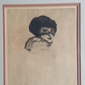 Signerad etsning av Karl Reisenbichler 'Dame mit Schleier', tidigt 1900-tal