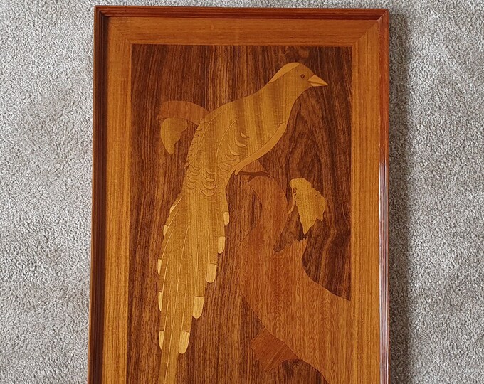 Wood Inlay Wall Art, Bird, Wood Veneer, Framed, 70s Wall Decor, the
