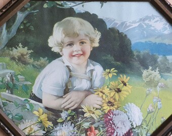 Vintage print of little girl with flowers, German kitsch 1950s