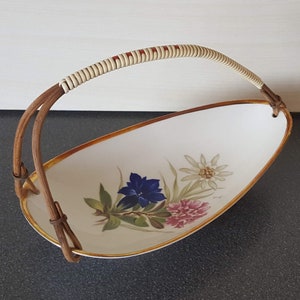 50s porcelain cookie bowl with handle, vintage mid century plate