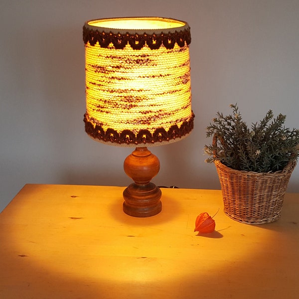 Aro lamp, wood, woven lamp shade, wool, vintage 1970s, German ARO Leuchte