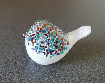 Art glass bird, white with speckles, probably Scandinavian, hand made