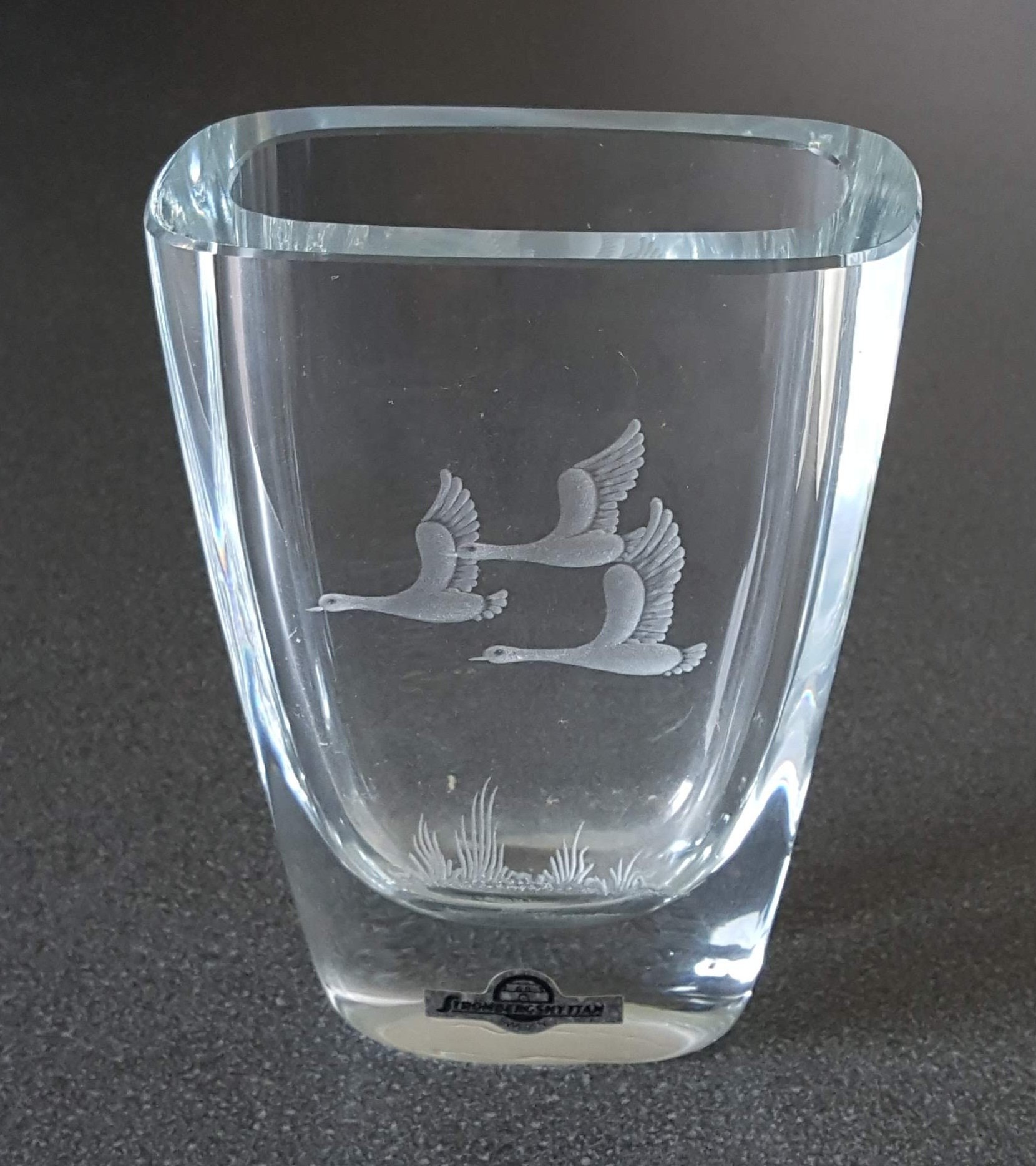 Glass Vase Strömbergshyttan With Etched Geese, Signed, Swedish