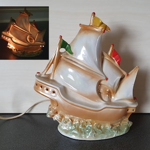Keramische lamp, lusterware schip, werkend, MCM vintage jaren 50