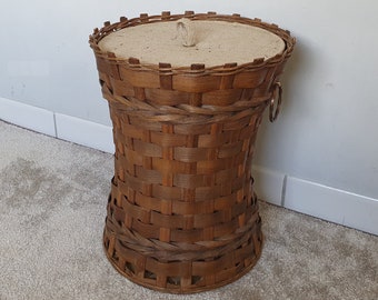 70s vintage laundry hamper, small woven wicker basket with lid and metal handles