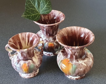 Small Jasba vases (3), made in West Germany, 1950s amphora drip glaze vases