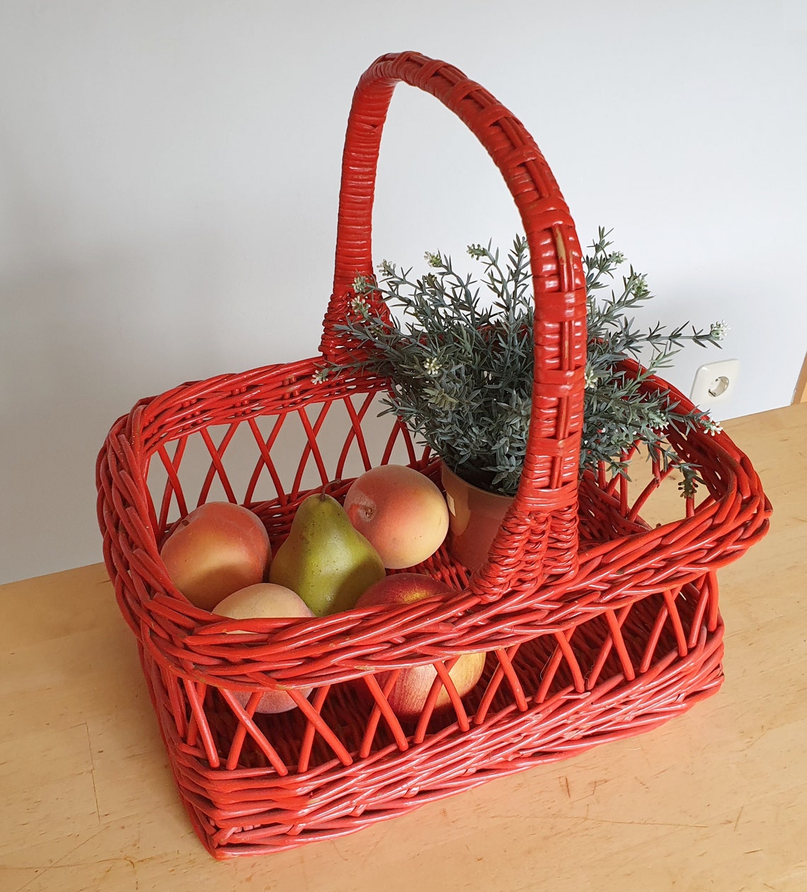 Red Wicker Basket With a Handle Vintage Woven Shopping Basket Etsy