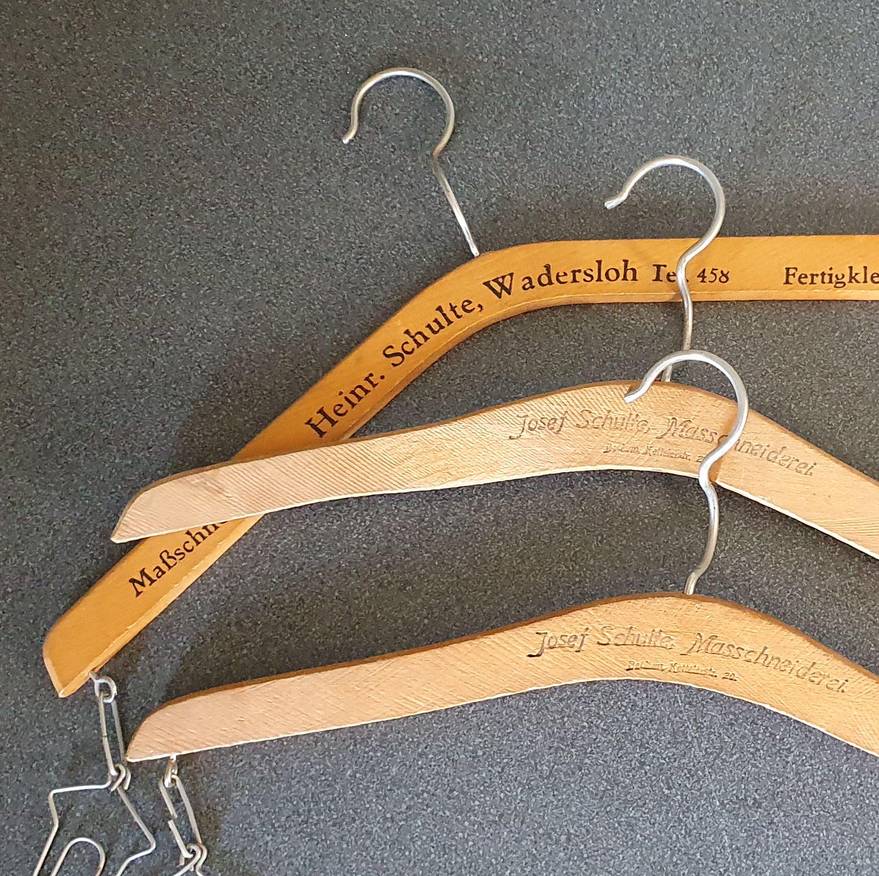 Vintage Wooden Coat Hangers (3), With Printed Advertising, Germany