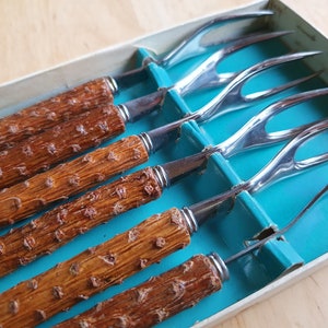 Vintage 70s flatware, party forks with wooden handles (set of 6)