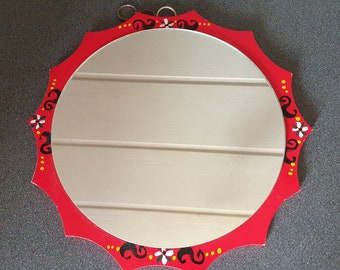 Vintage red round mirror with wooden frame, hand painted