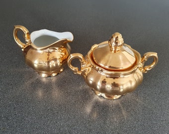 Gold porcelain set sugar bowl and creamer, 1950s, Bavaria Leni Parbus