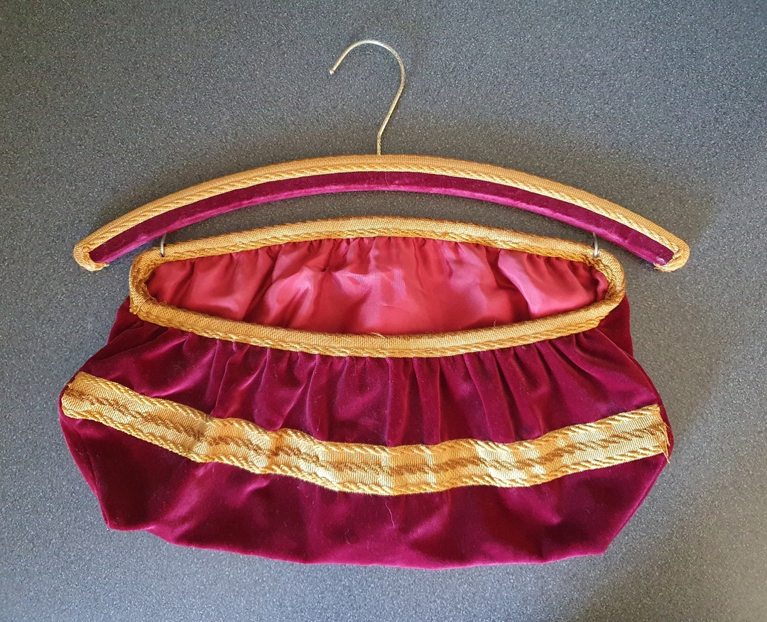 Vintage Velvet Clothes Hanger With Bag Red and Gold, Gold Trim, Boudoir