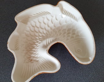 1930s antique pudding mold, ceramic, fish mold, brown and white