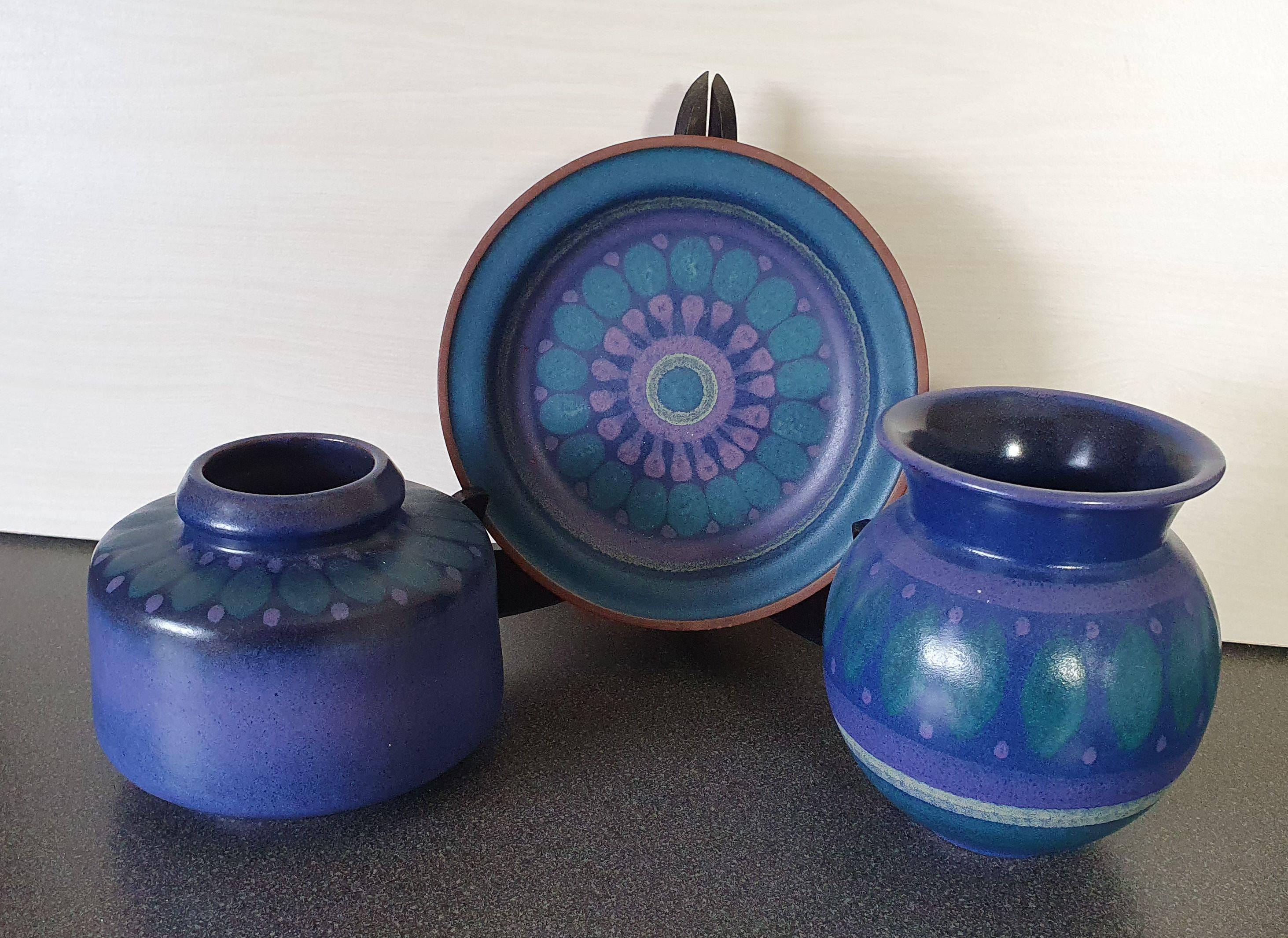 ヴィンテージ KMK 花瓶 (3)、手描き、70 年代ドイツ陶器 Kupfermühle
