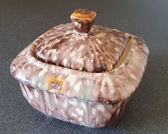 Jasba Keramik lidded bowl for chocolates, drip glaze, mid century pottery