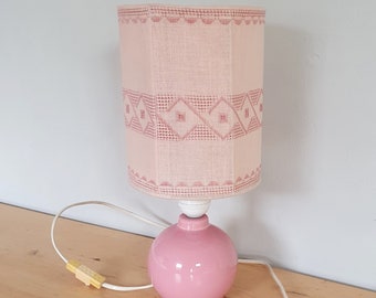 Vintage  80s table lamp, ceramic with embroidered pink lamp shade