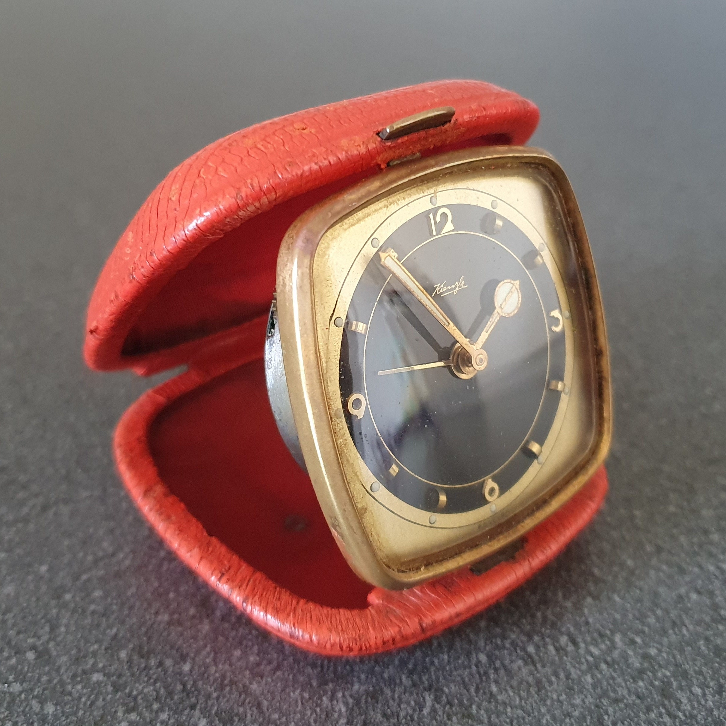 Vintage Kienzle Travel Alarm Clock: Atomic Age Red Leather Case