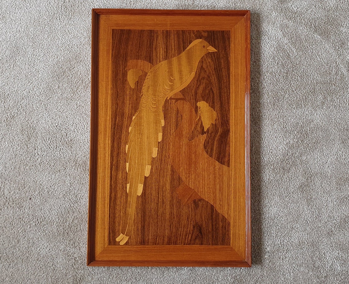 Wood Inlay Wall Art Bird Wood Veneer Framed 70s Wall Etsy