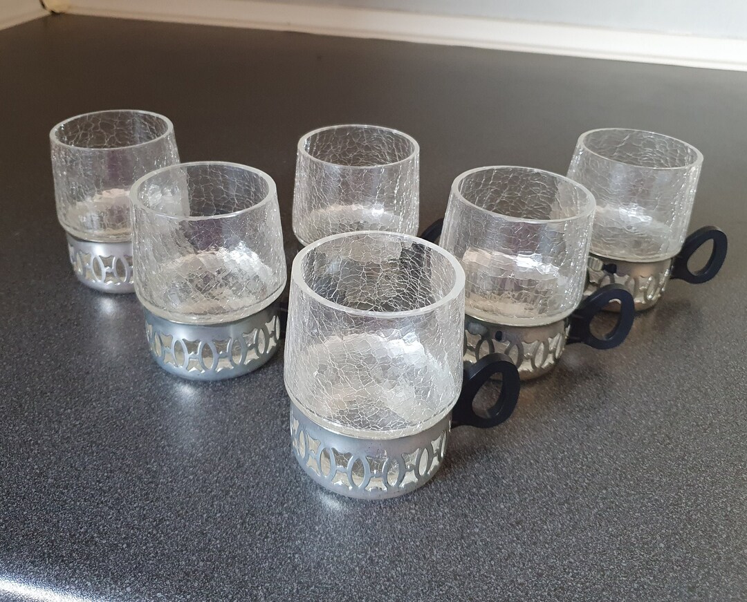 Mid Century Modern Glass Tea Cups With Metal Holders, Set of 6, Vintage