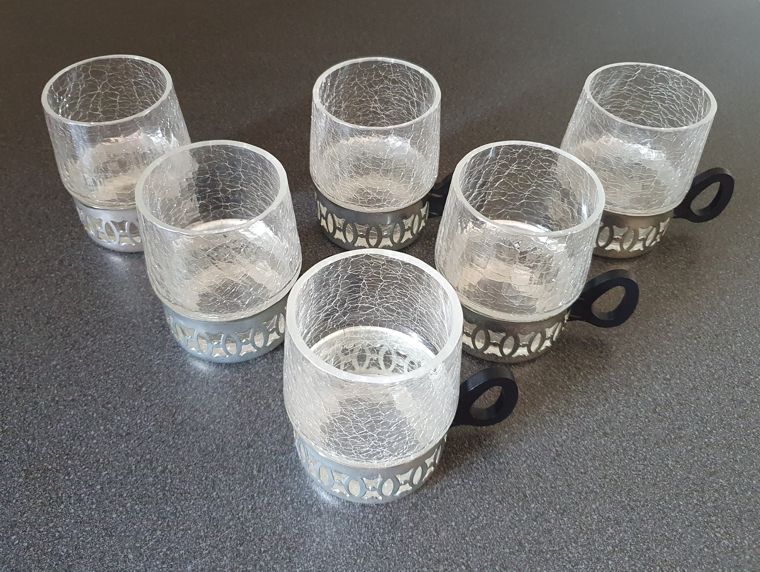 Mid Century Modern Glass Tea Cups With Metal Holders Set of Etsy