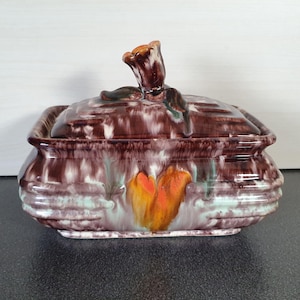 Peut inclure: Une boîte en céramique avec un motif floral. La boîte est décorée d'un glaçage brun, blanc, vert, orange et jaune. Le couvercle a un bouton en forme de fleur.