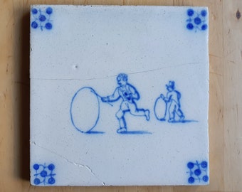 Dutch antique tile, children playing, delft blue, 13x13, 19th century