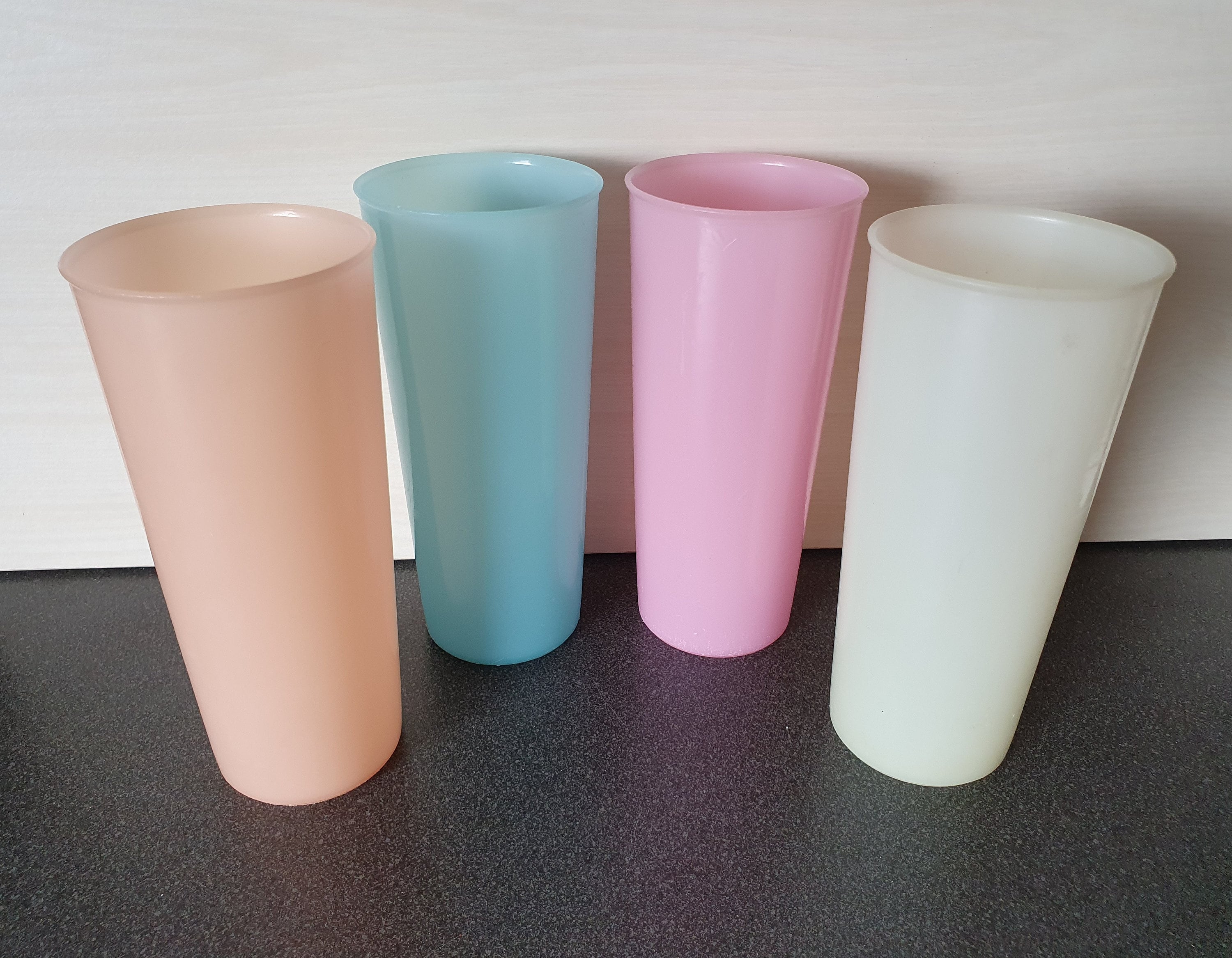 1970's 6 1/2 Inch Qty of 6 Pastel Tupperware Drinking Glasses 16 Oz.