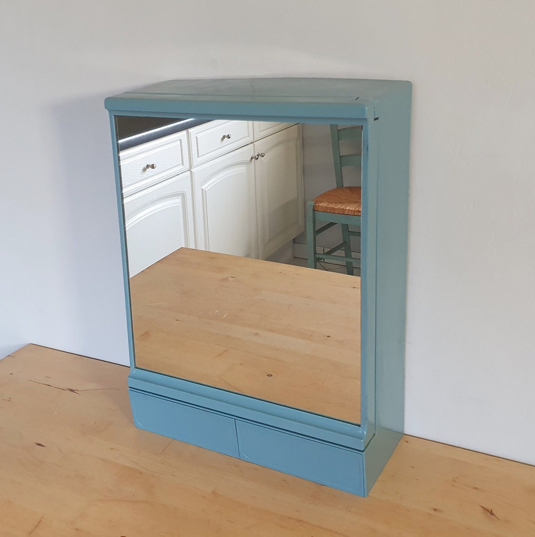 Wall Mounted Blue Medicine Mirror Door and 2 Drawers, Plastic