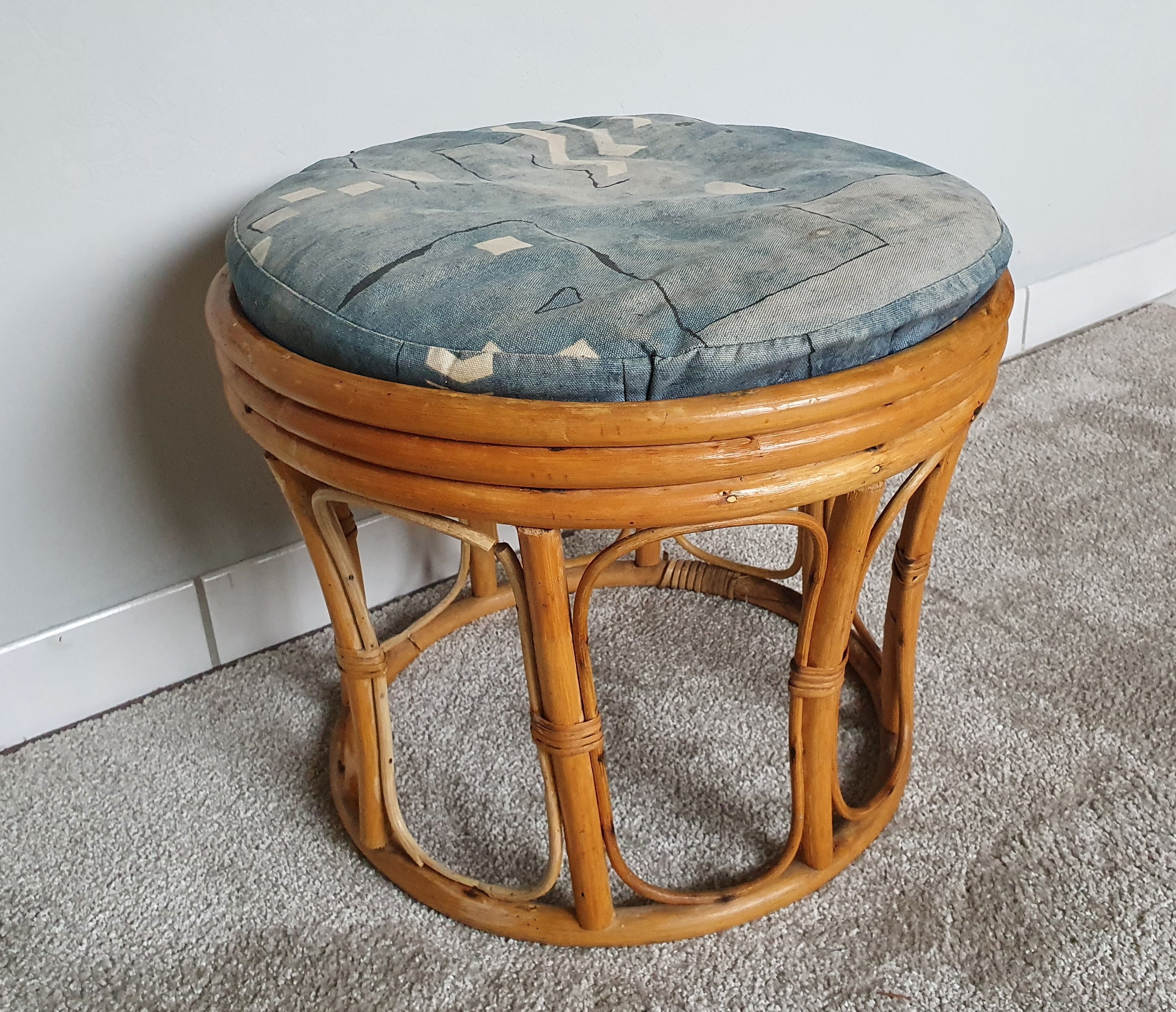 Antique Farmhouse Cottage Rattan Cushioned Foot Stool