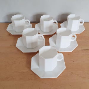Arcopal Octogan cups and saucers (set of 6), stackable milk glass cups, 1980s