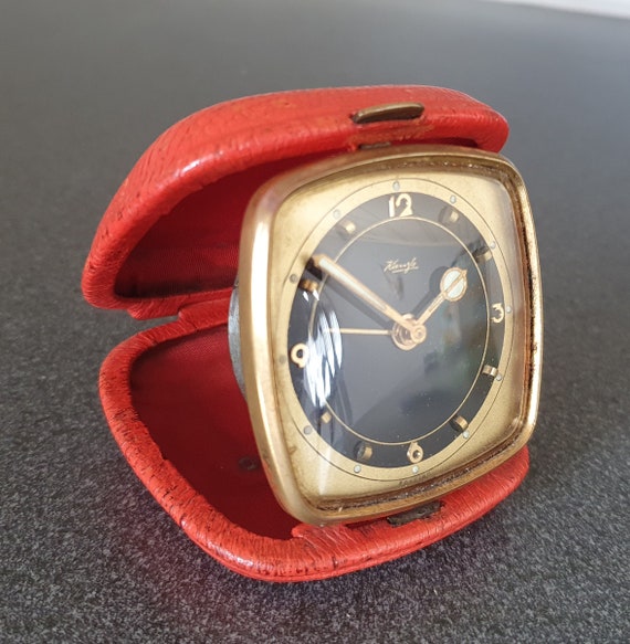 Vintage Kienzle Travel Alarm Clock: Atomic Age Red Leather Case