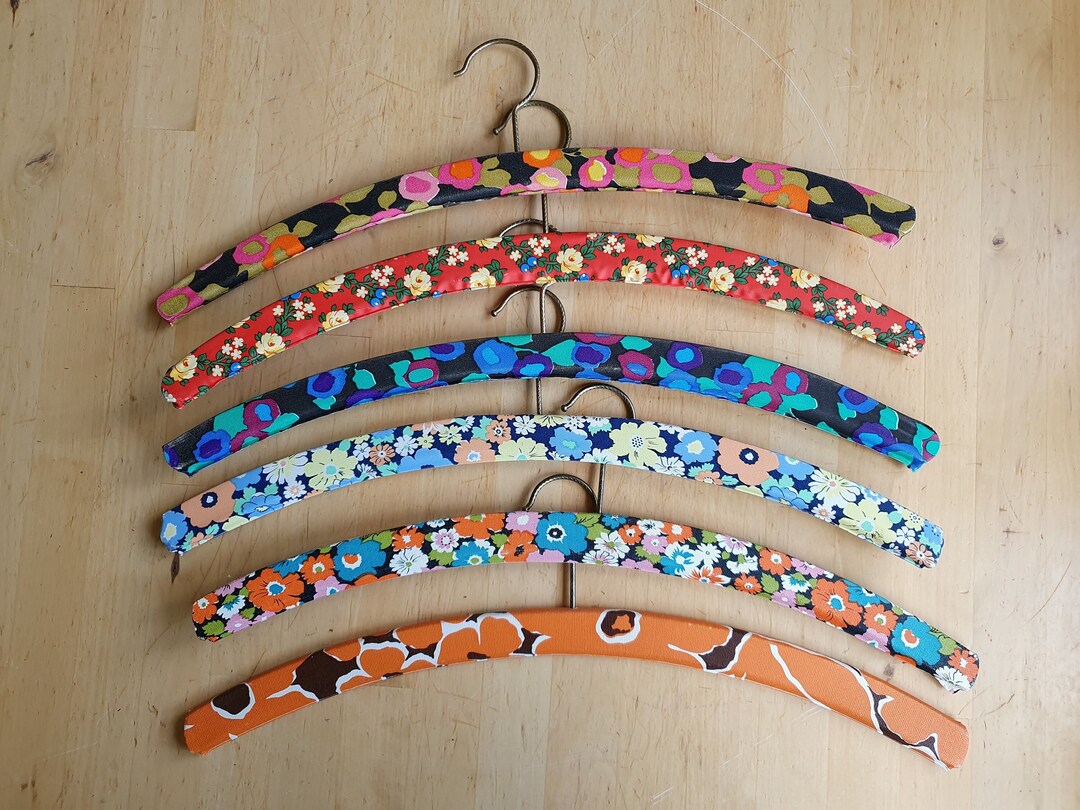 50s Clothes Hangers, Set of 6, Plastic Covered Over Wood, Floral