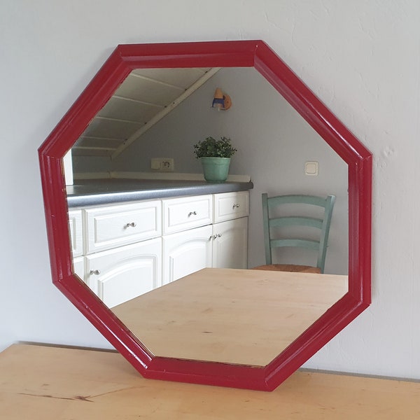 Vintage 1980s mirror, octagon, red trim, pop art mirror