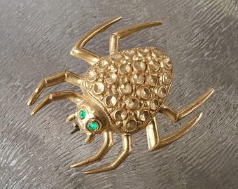 Vintage Spider Brooch, Small Green Strass Stones for Eyes, 1960s