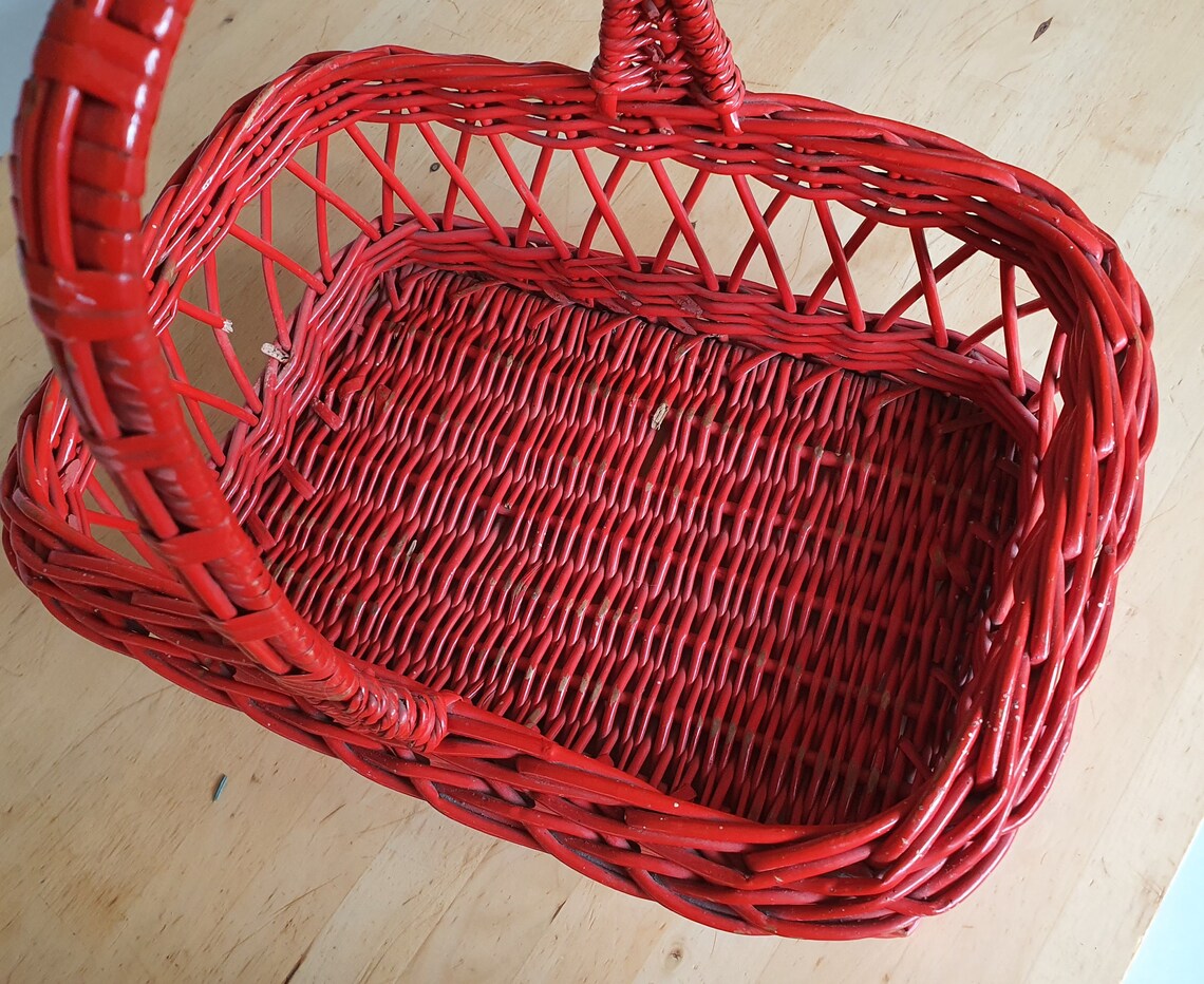 Red Wicker Basket With a Handle Vintage Woven Shopping Basket Etsy