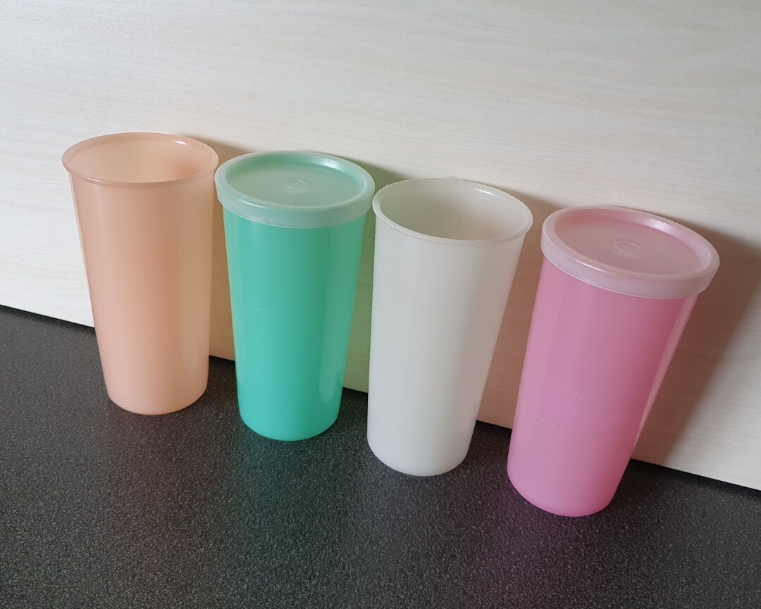 Vintage Sheer Pastel Tupperware Tumblers, Set of 4 2 Lids, From the 70s