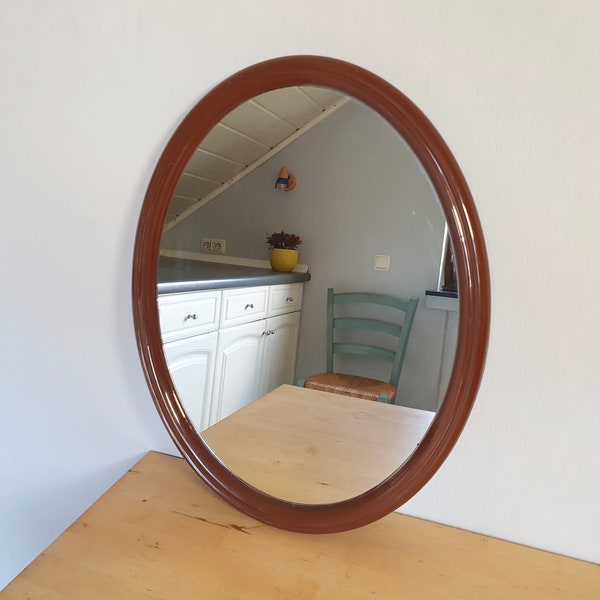 Vintage 70s mirror, oval,  brown plastic, Tiger, Dutch