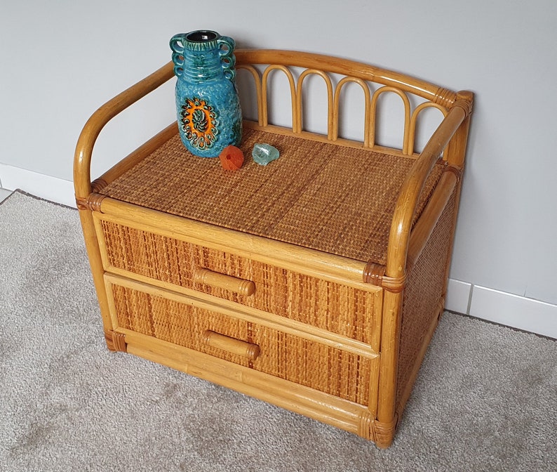 Bamboo nightstand with drawers wicker rattan Etsy