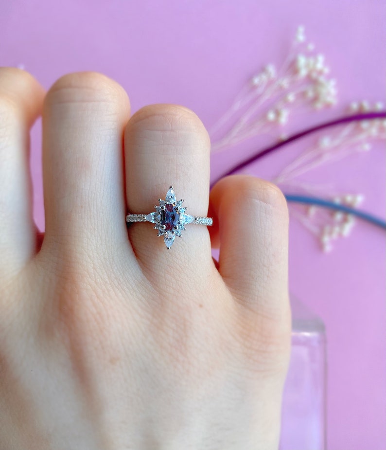 Alexandrite Engagement Ring Rose Gold Jewellery Birthday Gift for Her Vintage Promise Ring 925 Silver Wedding Ring Anniversary Gift
