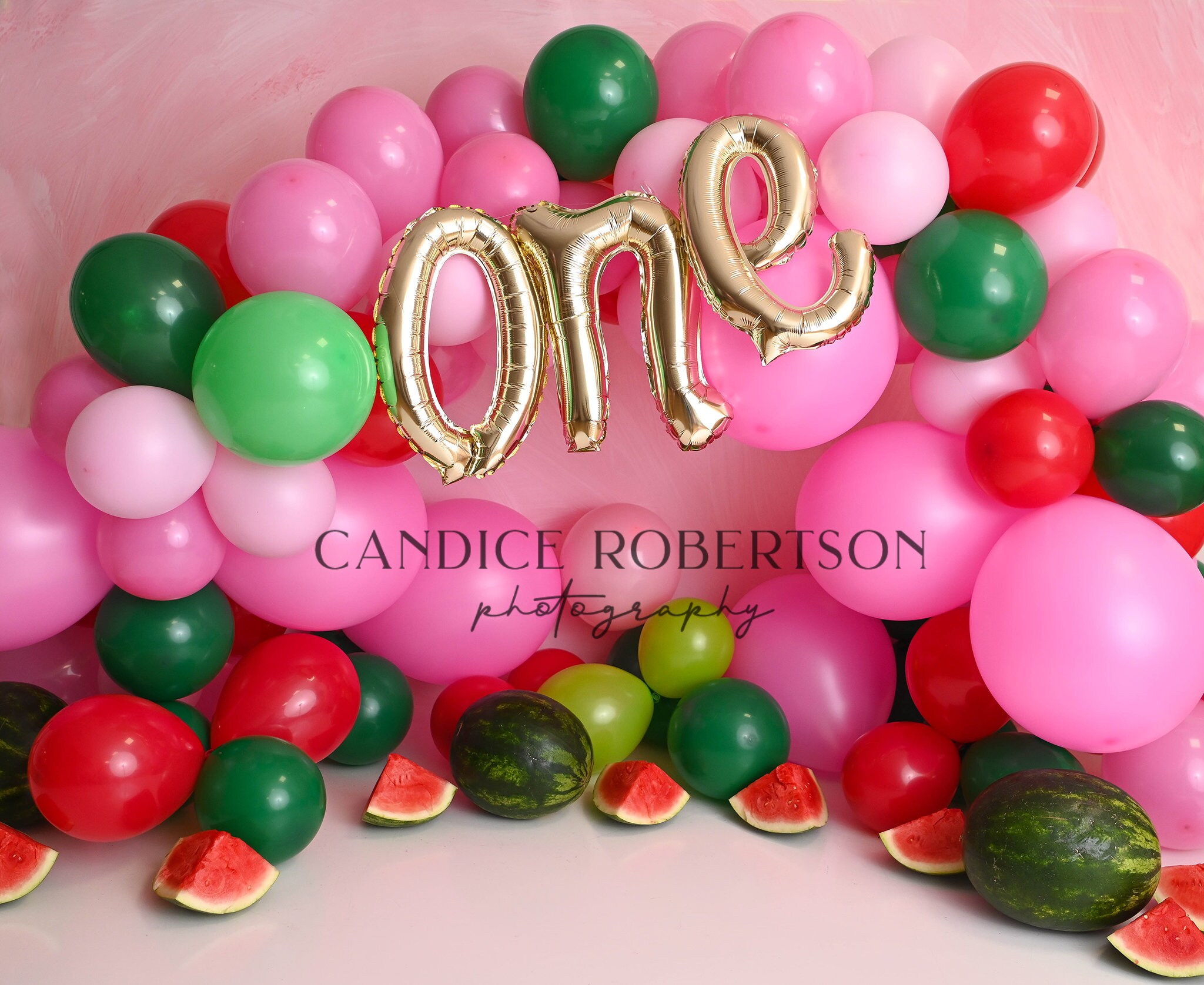Balloon Banner Digital Backdrop Photographers One in a melon Cake smash Background Watermelon Pink Green Red