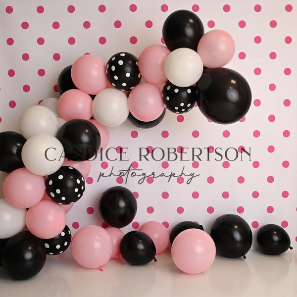 Balloon Banner Digital Backdrop Photographers Black White Pink Polka Dots Cake smash Background Arch