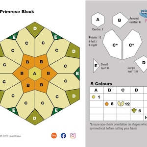 May include: Diagram of "The Primrose Block" quilt pattern. The design features a central hexagon surrounded by petal-shaped pieces in various colours. Includes shape diagrams, colour key, and text: "Ensure you check orientation on shapes which aren't symmetrical before cutting your fabric."