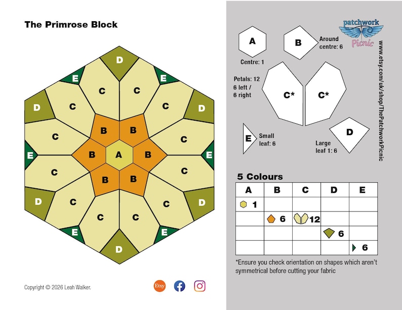 May include: Diagram of "The Primrose Block" quilt pattern. The design features a central hexagon surrounded by petal-shaped pieces in various colours. Includes shape diagrams, colour key, and text: "Ensure you check orientation on shapes which aren't symmetrical before cutting your fabric."