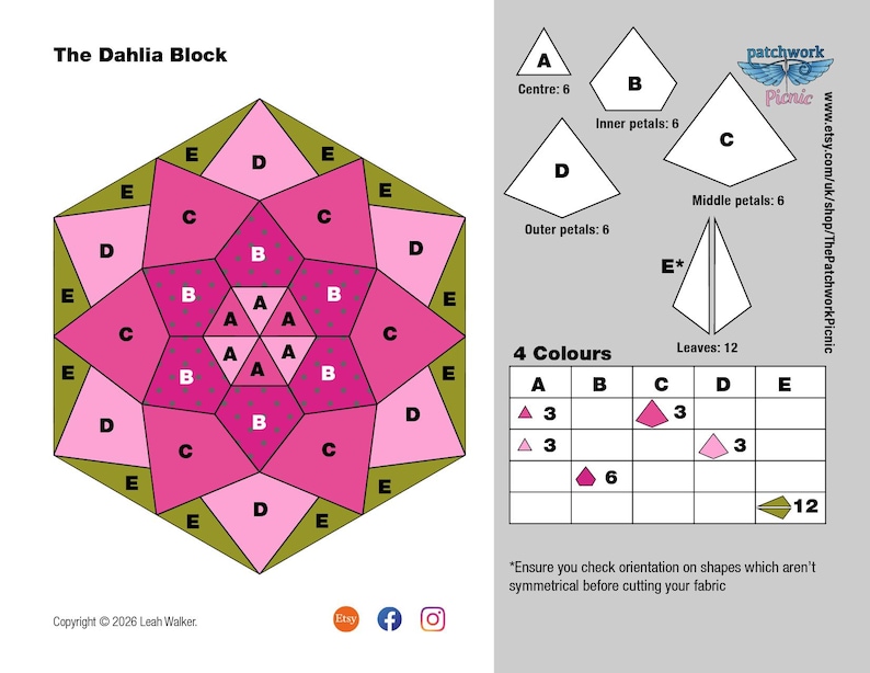 May include: A patchwork diagram titled "The Dahlia Block" featuring a floral design. The design uses pink, light pink, and green shapes labeled A to E. A chart details the number of each shape and colour usage.