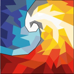 Peut inclure: Impression d'art abstrait avec un motif en spirale dans des tons de bleu, gris, blanc, jaune et rouge.