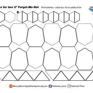 May include: A black and white diagram featuring geometric shapes for a quilting project, labeled A, B, C, and D. The text reads "Pieces for two 7.6 cm Forget-Me-Not" and includes the Etsy shop name "Patchwork Picnic".
