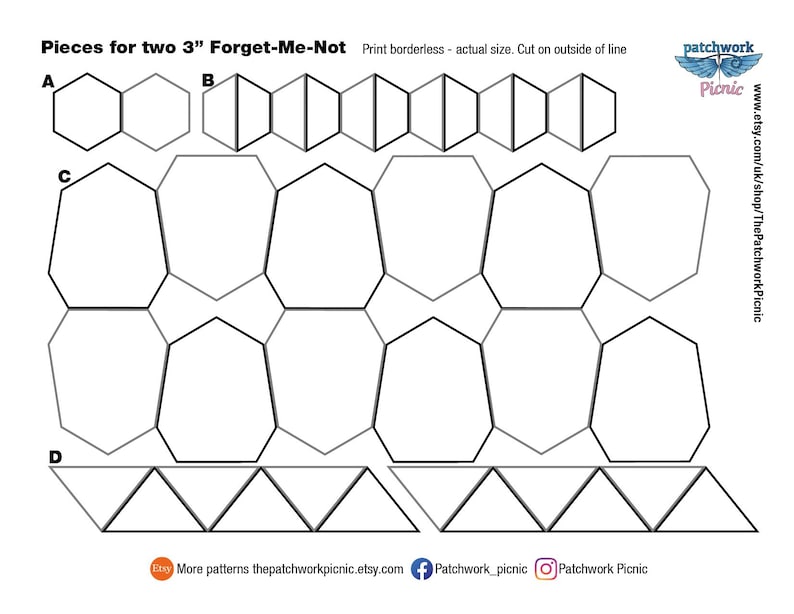 May include: A black and white diagram featuring geometric shapes for a quilting project, labeled A, B, C, and D. The text reads "Pieces for two 7.6 cm Forget-Me-Not" and includes the Etsy shop name "Patchwork Picnic".