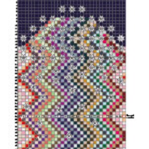 Op de afbeelding: Een kleurrijk pixel art-patroon met een donkerblauwe achtergrond en een wit ontwerp. Het ontwerp bevat een reeks witte sterren en een regenboogachtig patroon van gekleurde vierkanten.