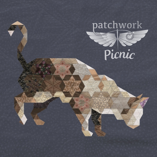 Cat 'Curious Jeremy' EPP patchwork pattern PDF - téléchargement numérique